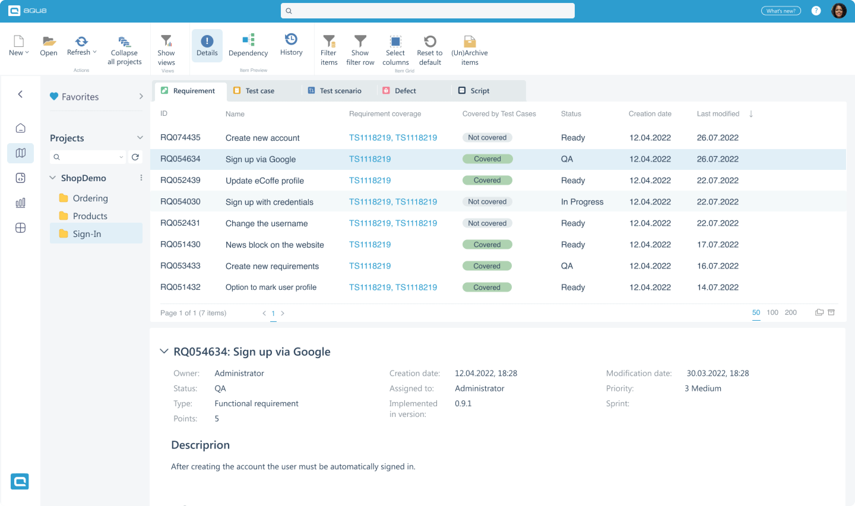 Keep an eye on the specifications throughout the whole project and recognize all dependencies easily with aqua testing tool