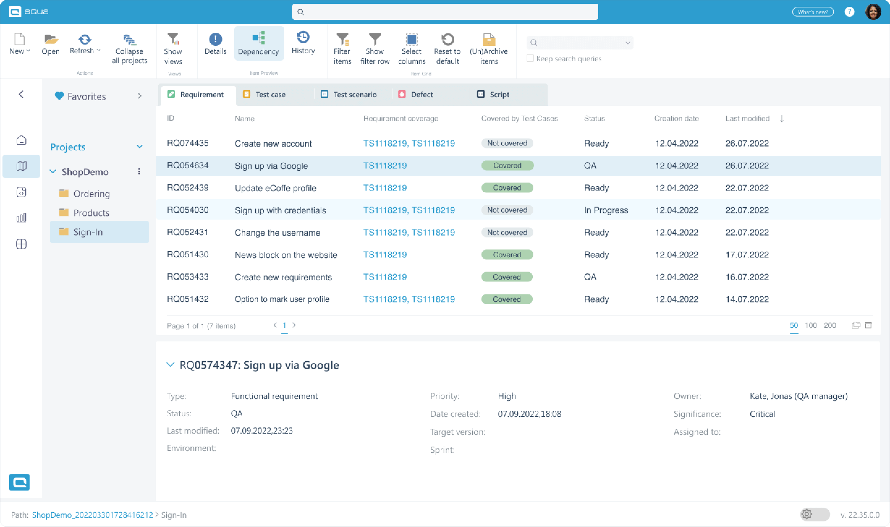 See requirements coverage by tests