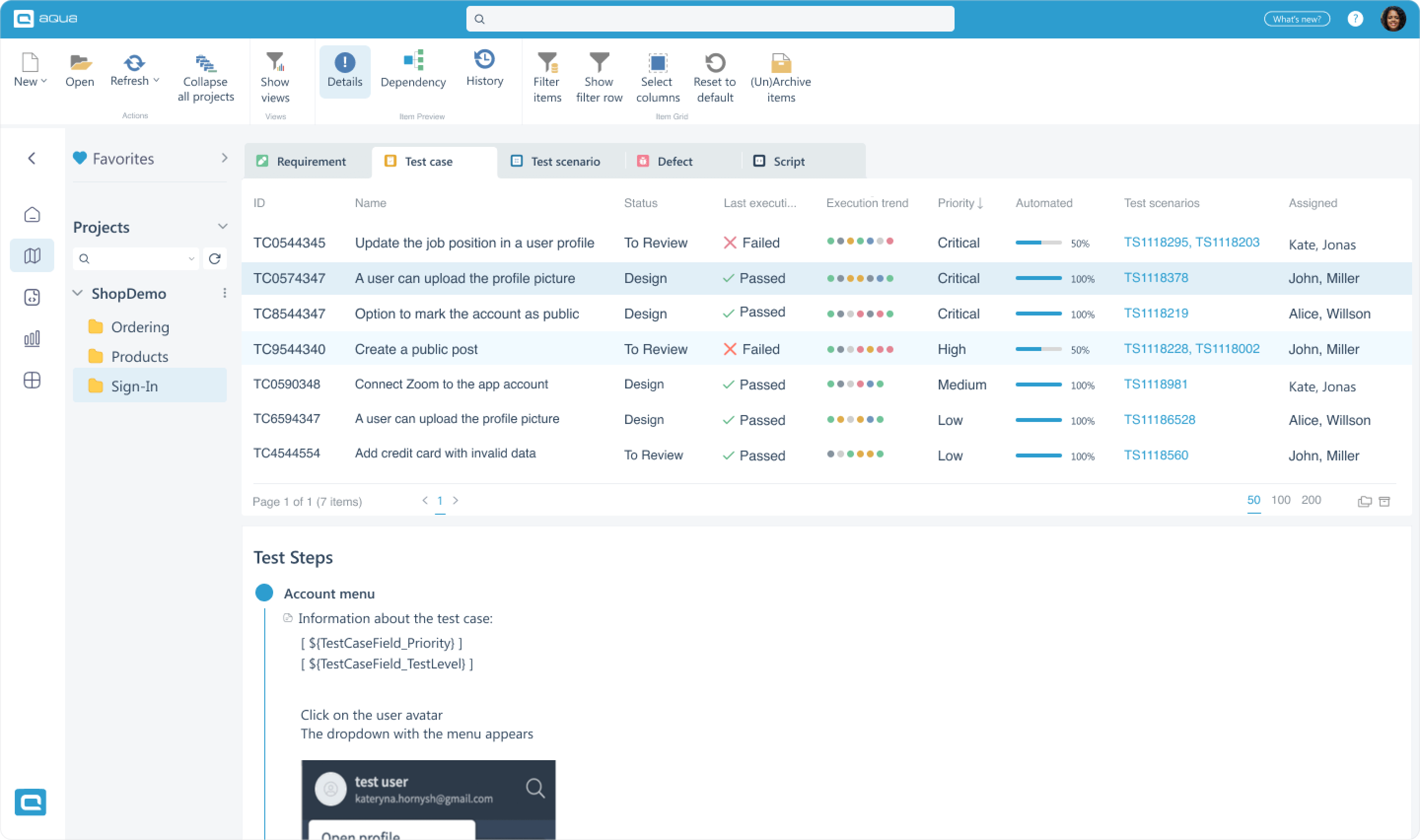 Manage, plan and execute test cases in a structured, clear and audit-proof manner with aqua testing tool